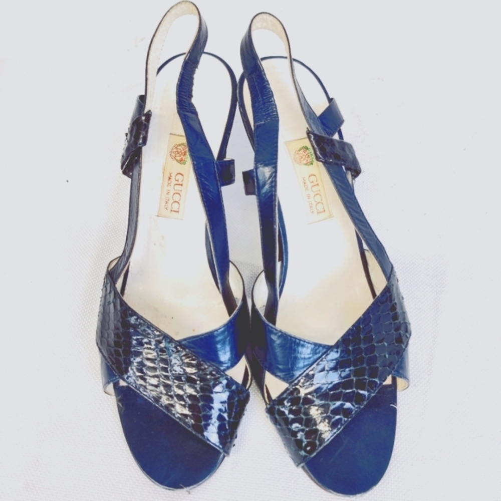 Gucci Blue Snakeskin Slingback Heels Size 37 Vintage 70s–80s Sandals Made Italy - Picture 2 of 15